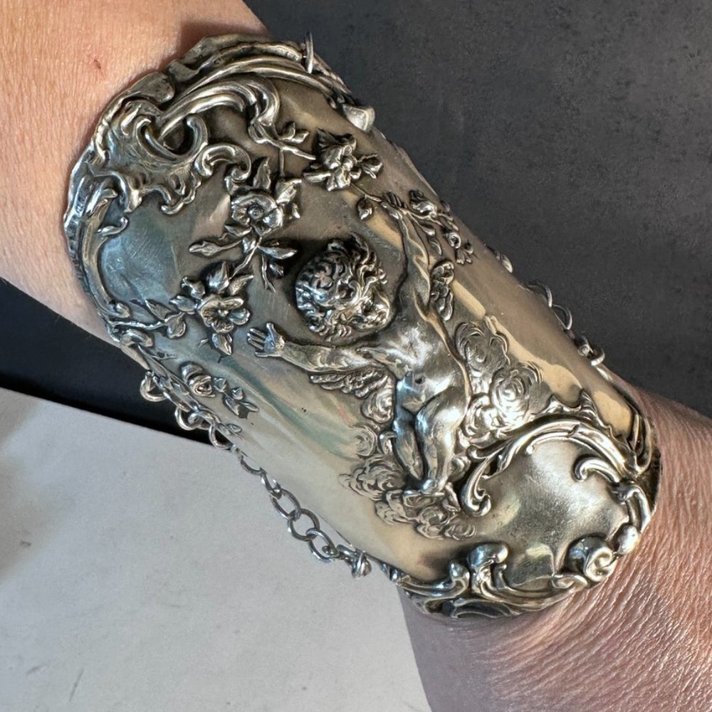 Antique Sterling Silver Cherub Gladiator Cuff Bracelet Victorian Art Nouveau - Picture 13 of 15
